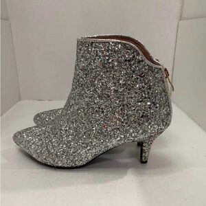 Silver Glitter Ankle Boots Pointed Toe Kitten Heel Zip Women’s Size 8